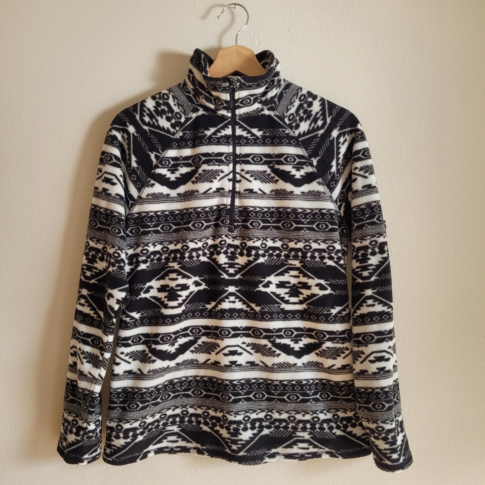 Eddie Bauer Quarter Zip Women's Small Black and White Fleece Geometric Print S